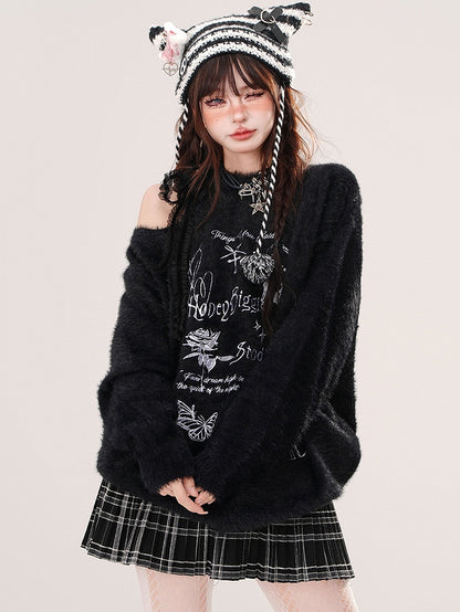 Apricot/Black Butterflies and Bows Cutout Shoulder Mohair Soft Sweater