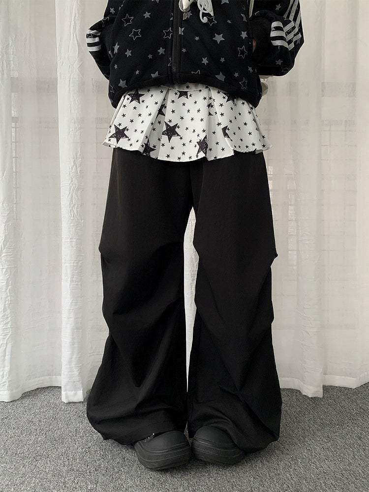 Patchwork Black Pants with Star-patterned Design Y2K Pull-on Skirt Wide-leg