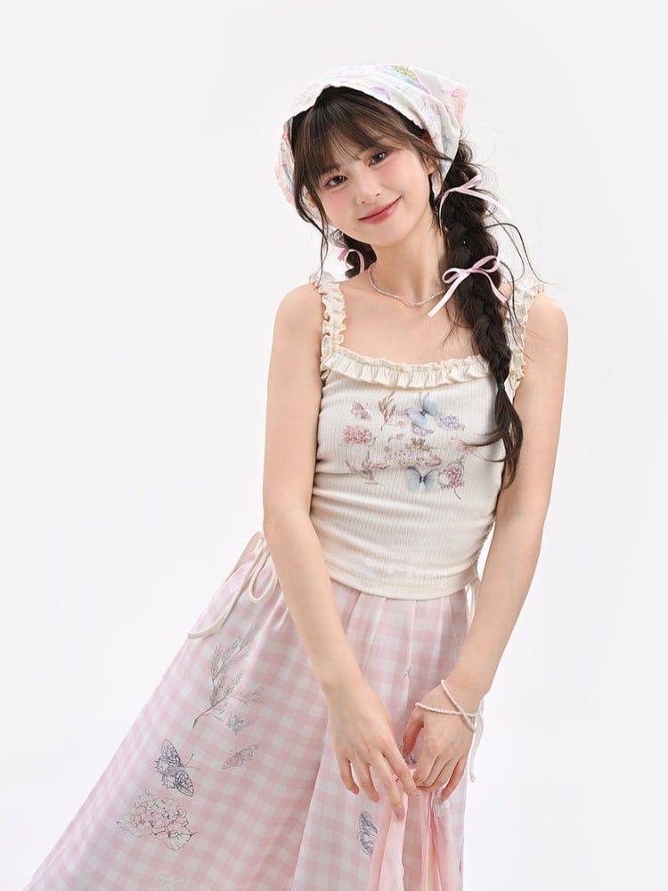 White Ruffled Waist Tank Top Square Neckline Butterfly Print Drawstring