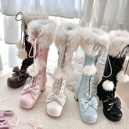 Top Boots Hybrid Elegant Brown Winter Lolita Bow