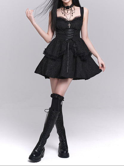 All Black Gothic Lolita Full Set – Halter Lace Top + Cropped Bolero + Boning Corset Skirt | The First Witch