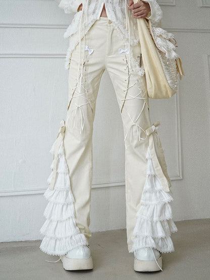 White Tiered Lace Patches Cuffs Flared Pants
