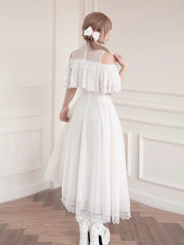 Black/White Lace Cutout Shoulder Jirai Kei Cross Dress - Tan Tuan