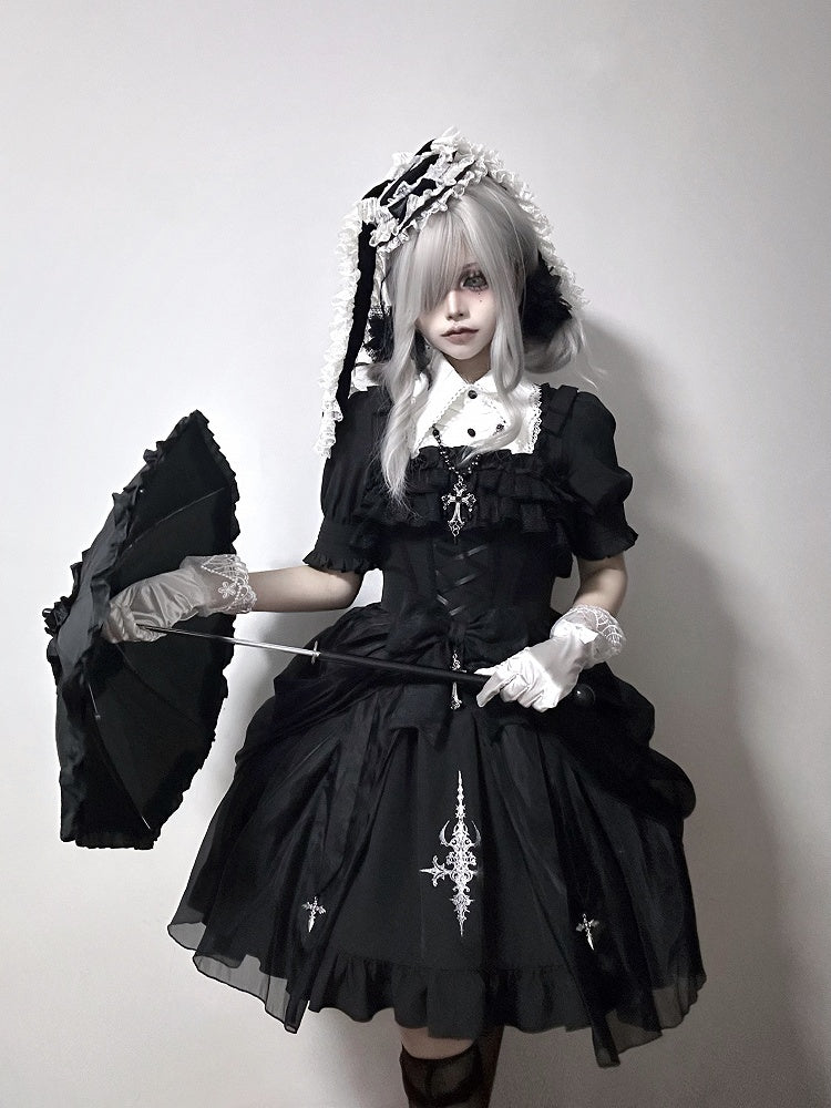 Black with Jumper Gothic Overlay Drawstring Boned Detachable Waist Lolita Skirt