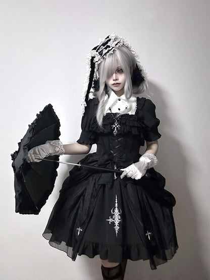 Black with Jumper Gothic Overlay Drawstring Boned Detachable Waist Lolita Skirt