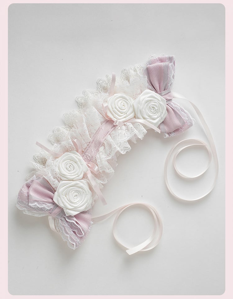 Lolita Pink Floral and Bow Ruffled Lace Trim Hairband