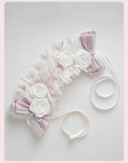 Lolita Pink Floral and Bow Ruffled Lace Trim Hairband