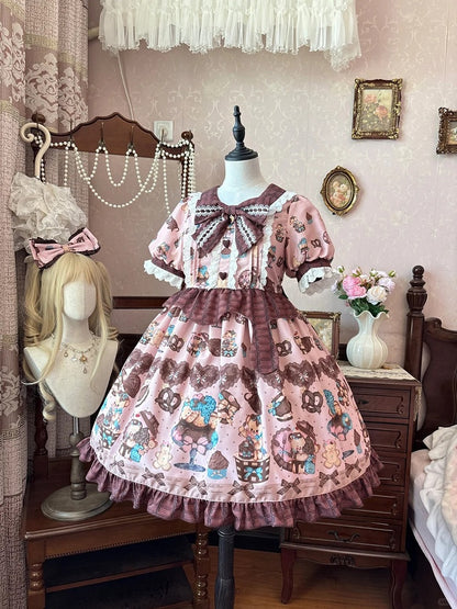 Piece Pink Lolita Dress One Vintage Teddy Bear Print Sweet Light