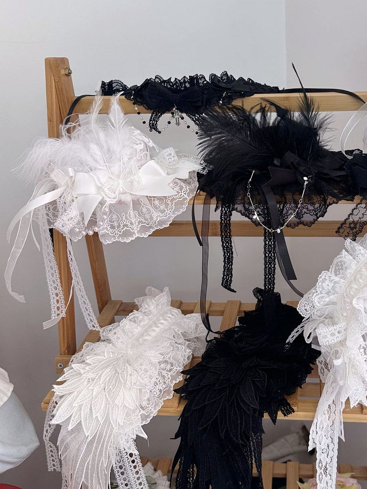White/Black Lace Embellishment Hat Mini Butterfly with and Feather