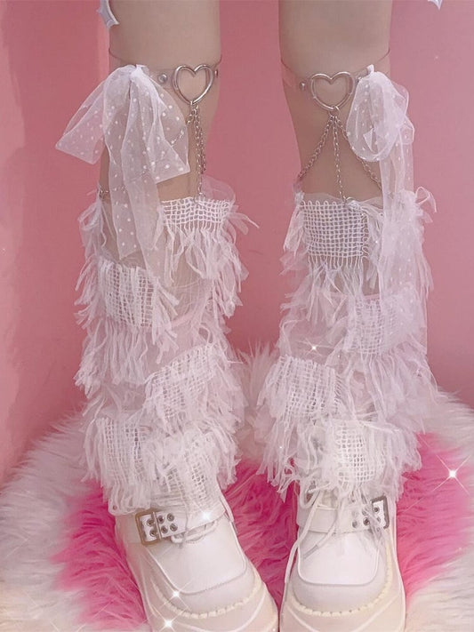 Strumpfband zum Selbstbinden, Herzärmel, Y2K, mit weiß/schwarzen Quasten, Bein verziert