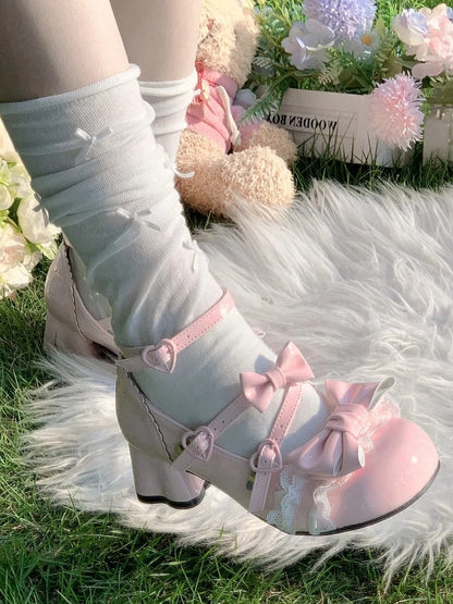 Heart - Sweet Design Mary Pink Kitten Lolita Mid-Heel Heel Janes Crisscross Snap with