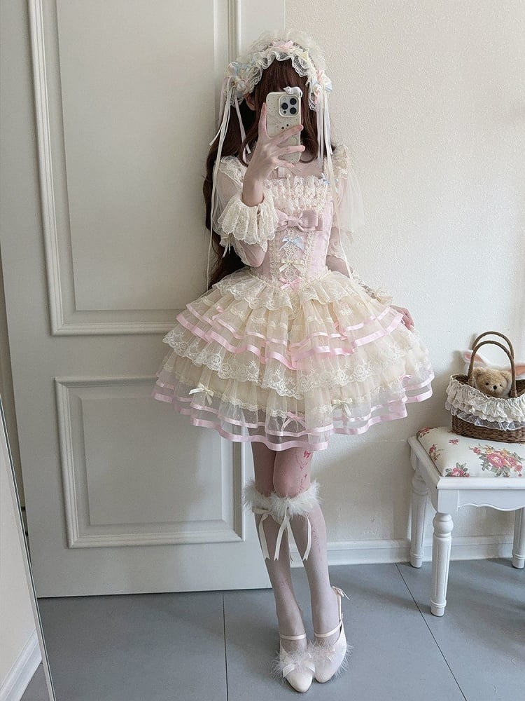 Korsett mit Prinzessinnen-Taille, rosa Tüll, mit großem Rückenrock, JSK, mehrlagige Schleife, Lolita