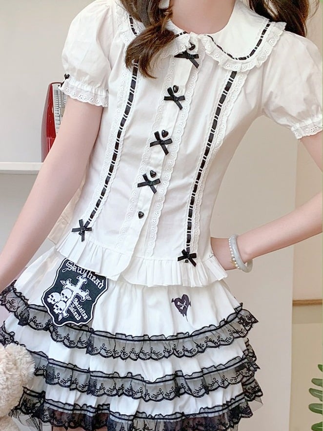 Black Heart Buttons Peter Pan Collar Blouse - Lan Jian Chuan