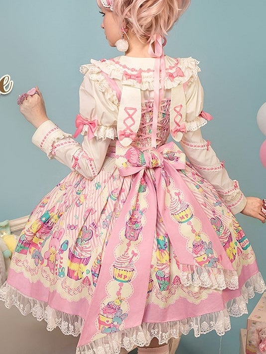 Flutter and Lace Prints Sweet JSK Pink Dress White Trim Sleeves with Lolita Cupcake