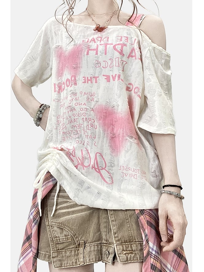 非対称Y2KビタースイートネックラインレターバタフライTシャツオフホワイトとプリント