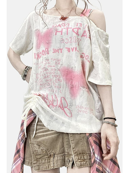 非対称Y2KビタースイートネックラインレターバタフライTシャツオフホワイトとプリント