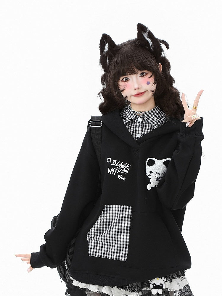 Daily Kawaii Pink/Black/White with Pattern Two-piece Plaid in Hoodie