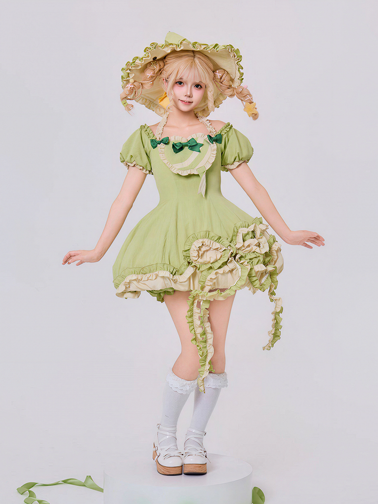 Green Ruffled Sweet Lolita Fluffy OP Dress Full Set