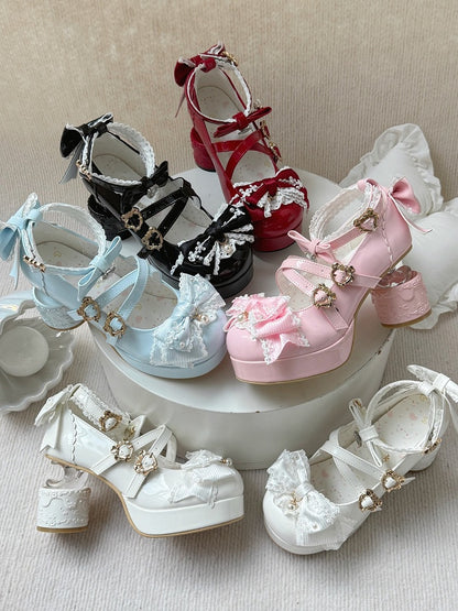Transparent Moon Heel Lolita Shoes with Bow and Heart Buckles - Pu Yue Meng
