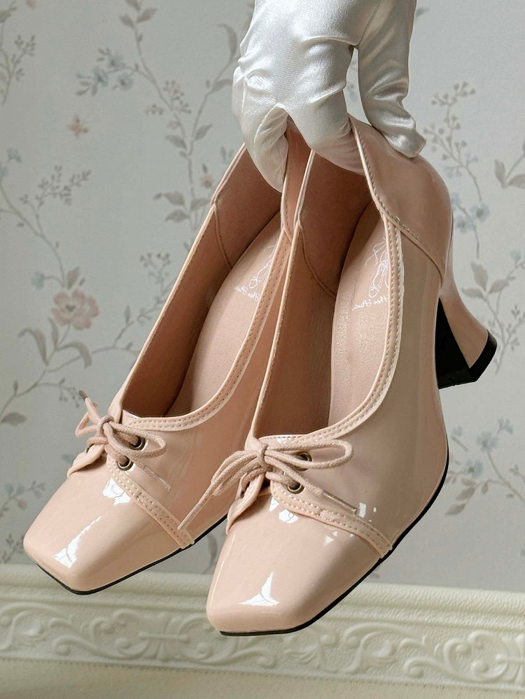 Heels Design Closure Toe PU - Glass-shaped Pink Wine High Elegant Square Lace-up
