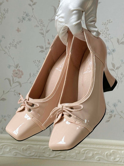 Heels Design Closure Toe PU - Glass-shaped Pink Wine High Elegant Square Lace-up