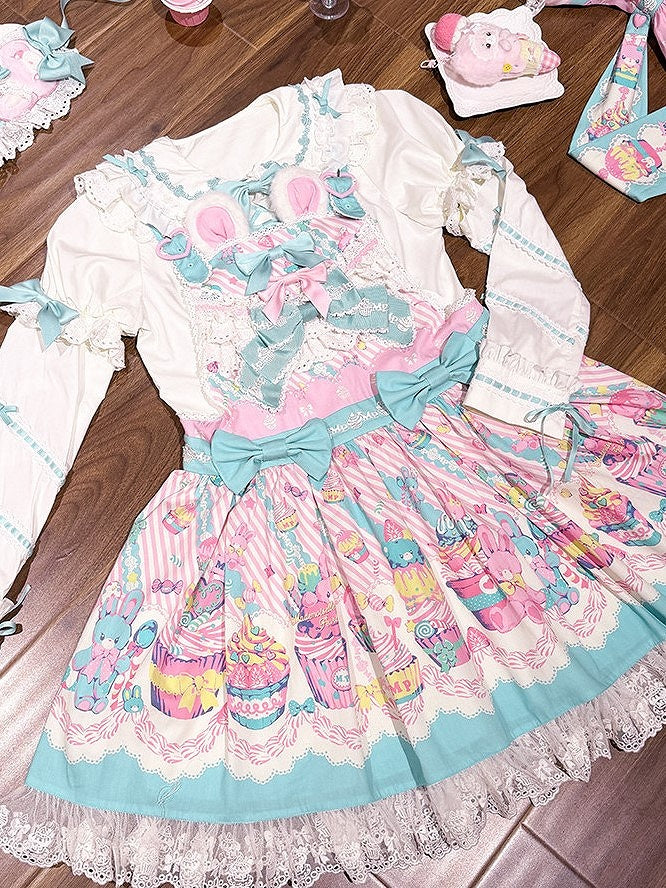 Cupcake Blue Pink and Dress Lolita Overall Sweet Print Bunny