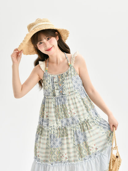 Mori Kei Green Halter Neck Patchwork Design Floral Dress