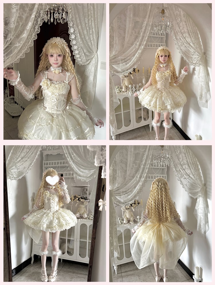 Beige Flutter Sleeves Bowknots Dress Bodice JSK on Balletcore Sweet Lolita Puffy