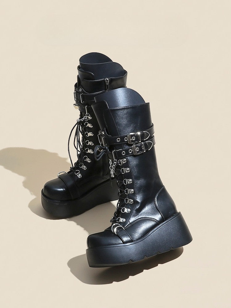 Heart Black Lace-up Mid-Calf Boots Charm Closure Punk with Platform Buckle And - Straps Chain