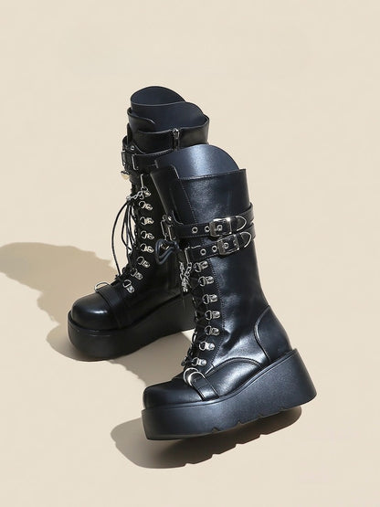 Heart Black Lace-up Mid-Calf Boots Charm Closure Punk with Platform Buckle And - Straps Chain