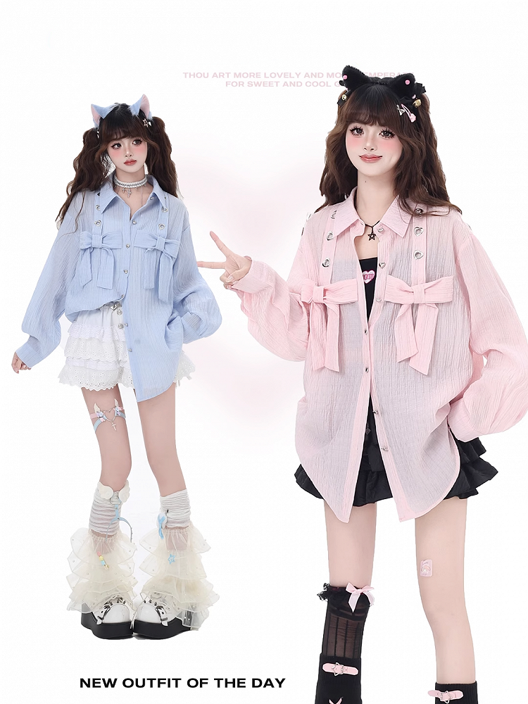 ライトブルー/ライトピンクのビッグリボンセミシアーシャツ