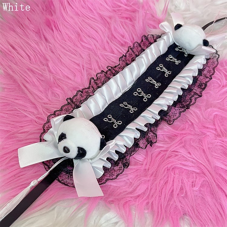 Bowknot Ruffled Hairband Jirai Panda Decorated with Black/White Lace Details Plush Tassels Trim Kei