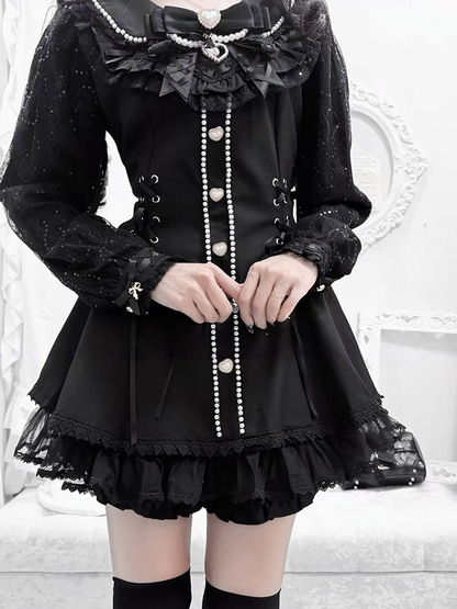 Black Jirai-Kei Lace Long Sleeve Dress with Bow & Bead Decorations + Shorts - AOSpace