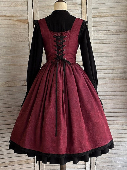 Waist Lolita Gothic Straps Drawstring Cross JSK Basque Dress and Red Shoulder Embroidery with Lace-Trimmed