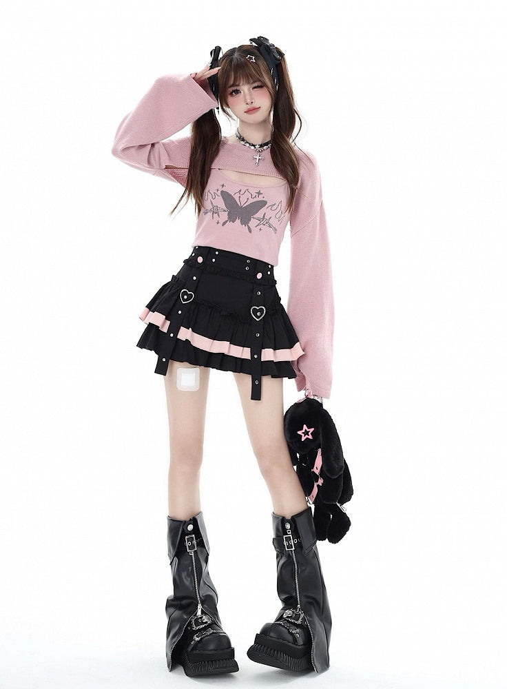 Black & Pink Ruffled Mini Skirt with Layered Tiers - CRAZY GIRL