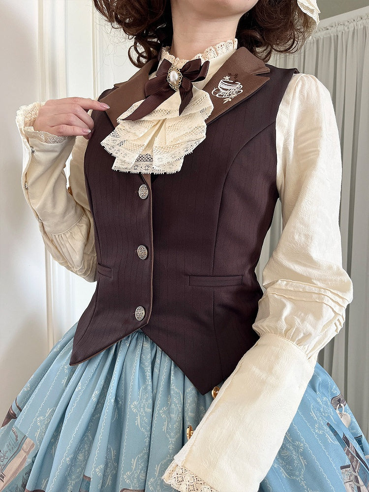 Brown Lapel Collar Coffee Cup Embroidery Striped Elegant Waistcoat - Dream Whale