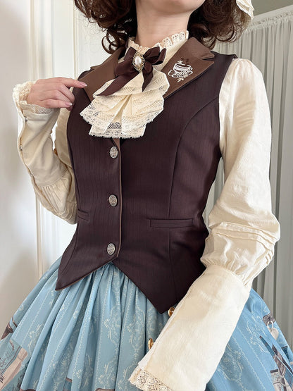 Brown Lapel Collar Coffee Cup Embroidery Striped Elegant Waistcoat - Dream Whale