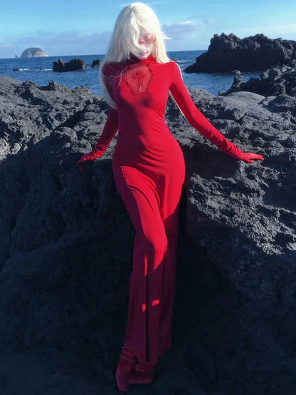 ゴシックレッドコフィンカットアウトクロスディテールハイネックマーメイドスカートマキシドレス