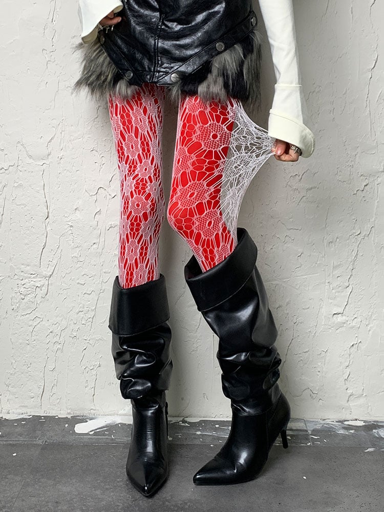 Y2K White Floral Print Openwork Tights
