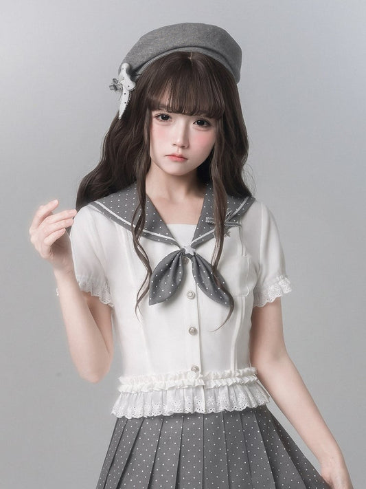 Short Sleeve White Top With Trim Sailor-Inspired Ruffle