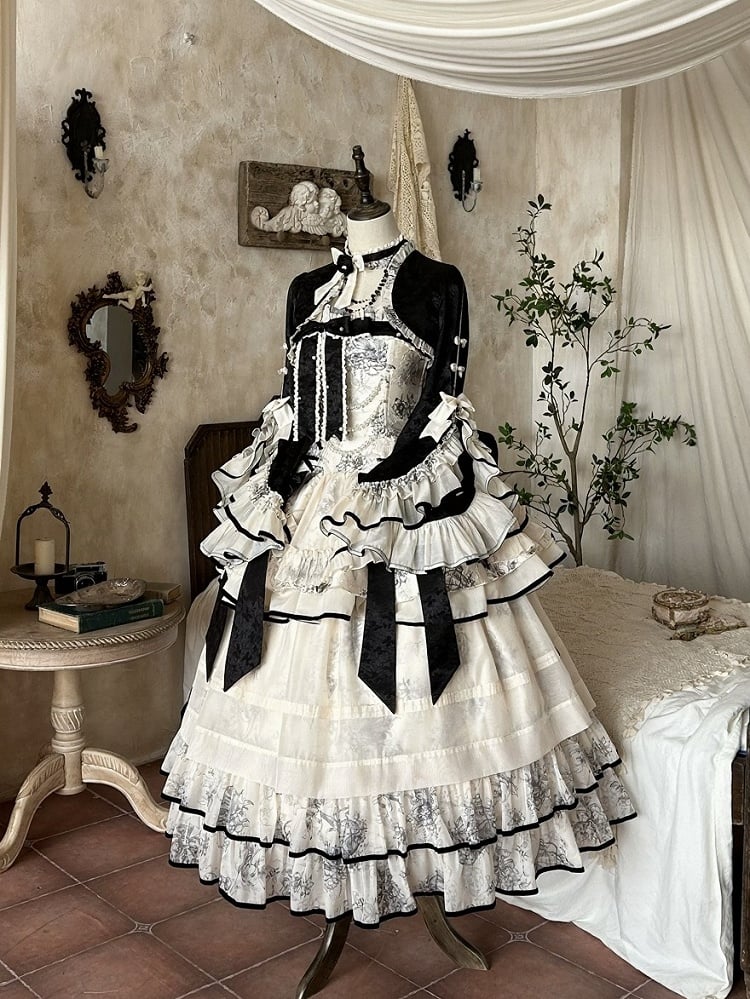 White Layers Long Underskirt with Black Bowknot Trim - Magic Skirt Cat