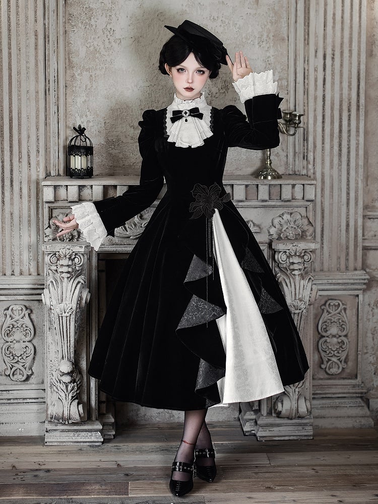 Black Cascading Lolita Elegant White Ruffled Dress Jacquard Ruffle Paneled Skirt with Fabric Neck