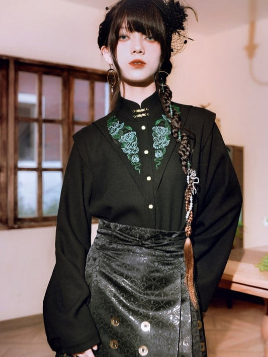 Sleeve with Bishop Blouse Snake Triangular Embroidery Gothic Black Insets Green Cheongsam