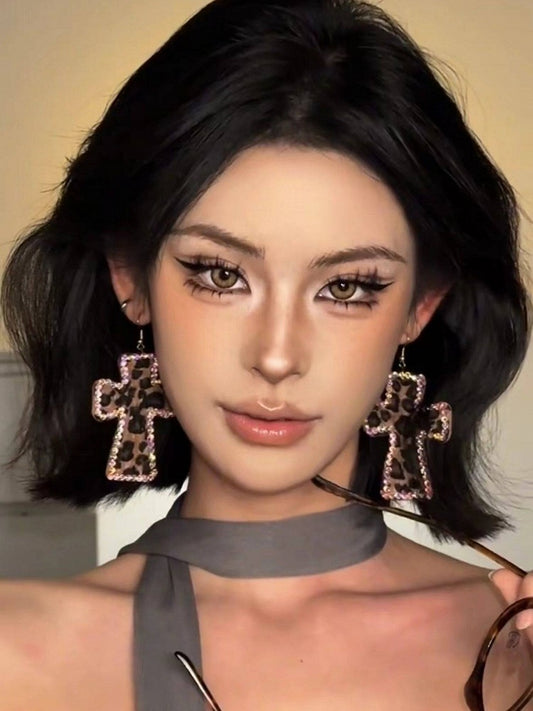 3-Color Y2K Leopard Print Cross Earrings with Rhinestone