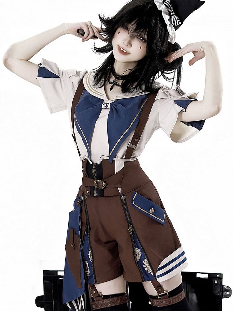 Overall Steampunk + - Blaues Outfit Gestreiftes Hemd Kragen Schleppe Ouji Lolita Shorts Brauner Matrose
