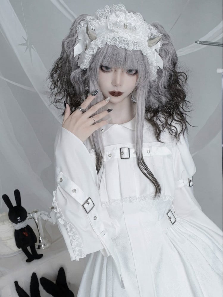White Gothic Lolita Bell Sleeve Dress with Lace and Metal Buckle Accents - Kuroya