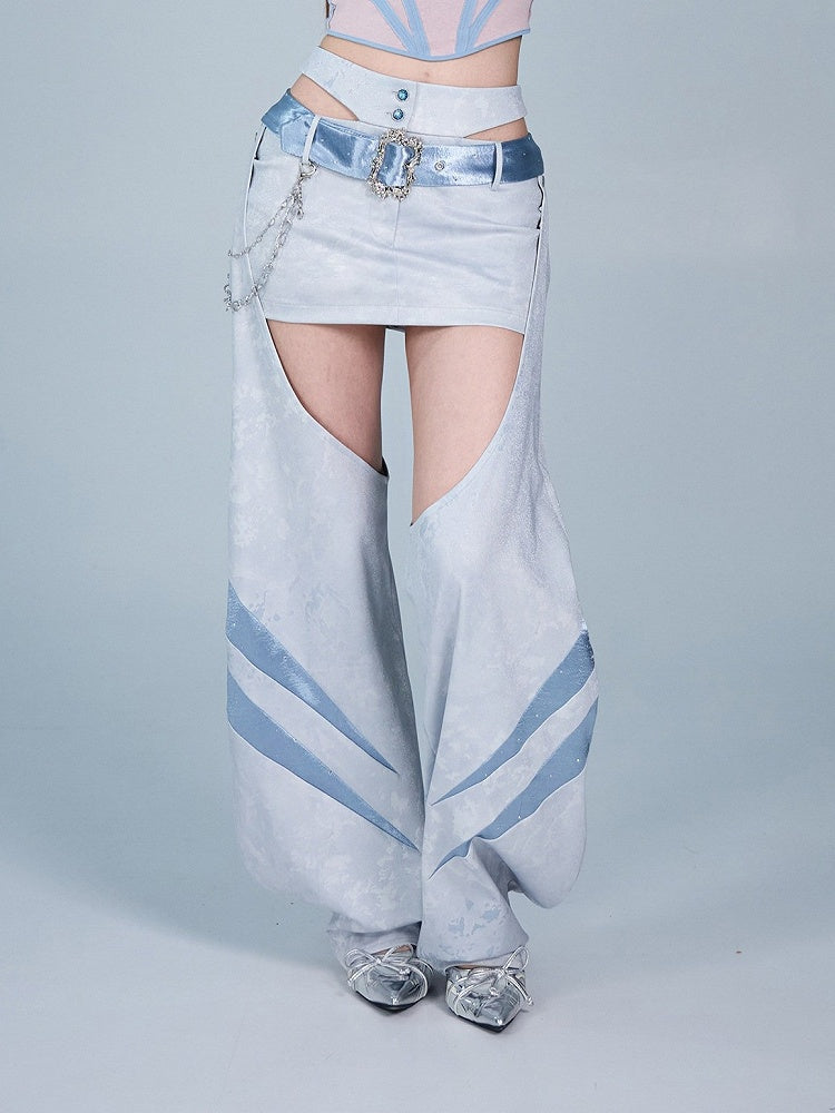 Blue Punk Style Satin Belt Skirt with Curved Leg Warmers Set - Virtual Orbit