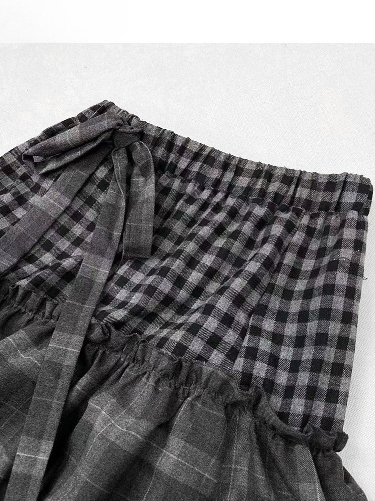 セルフタイダークストラップティアードチェックグレーパターンスカートビタースイート