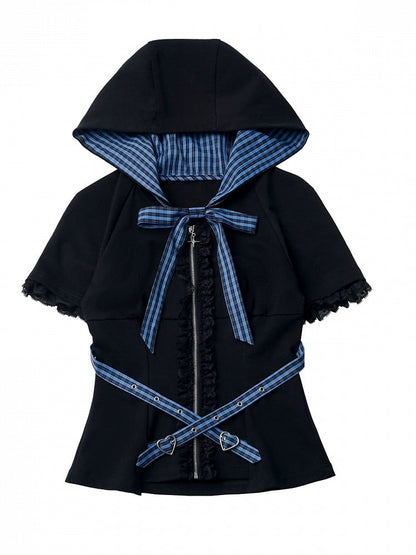 Plaid Hooded Cinched-Waist Top with Buckle Strap - PINK SAVIOR