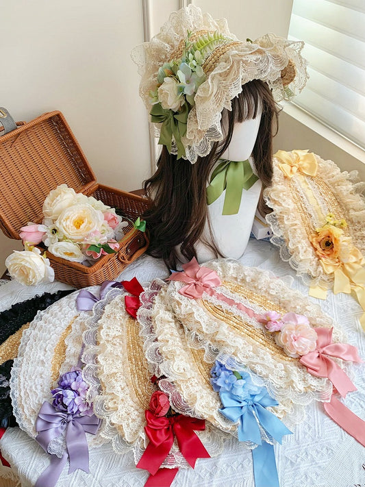 Color Lolita Floral Hat 7 Straw Options Cottagecore Design Flat